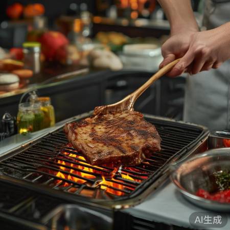 “火星灶烤羊排,翻动防焦,调料