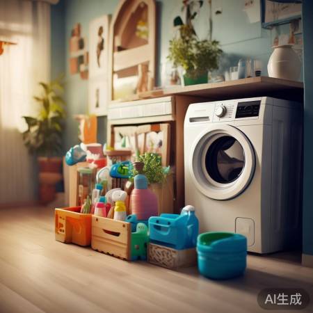洗衣机下储物箱，地面整洁有序。